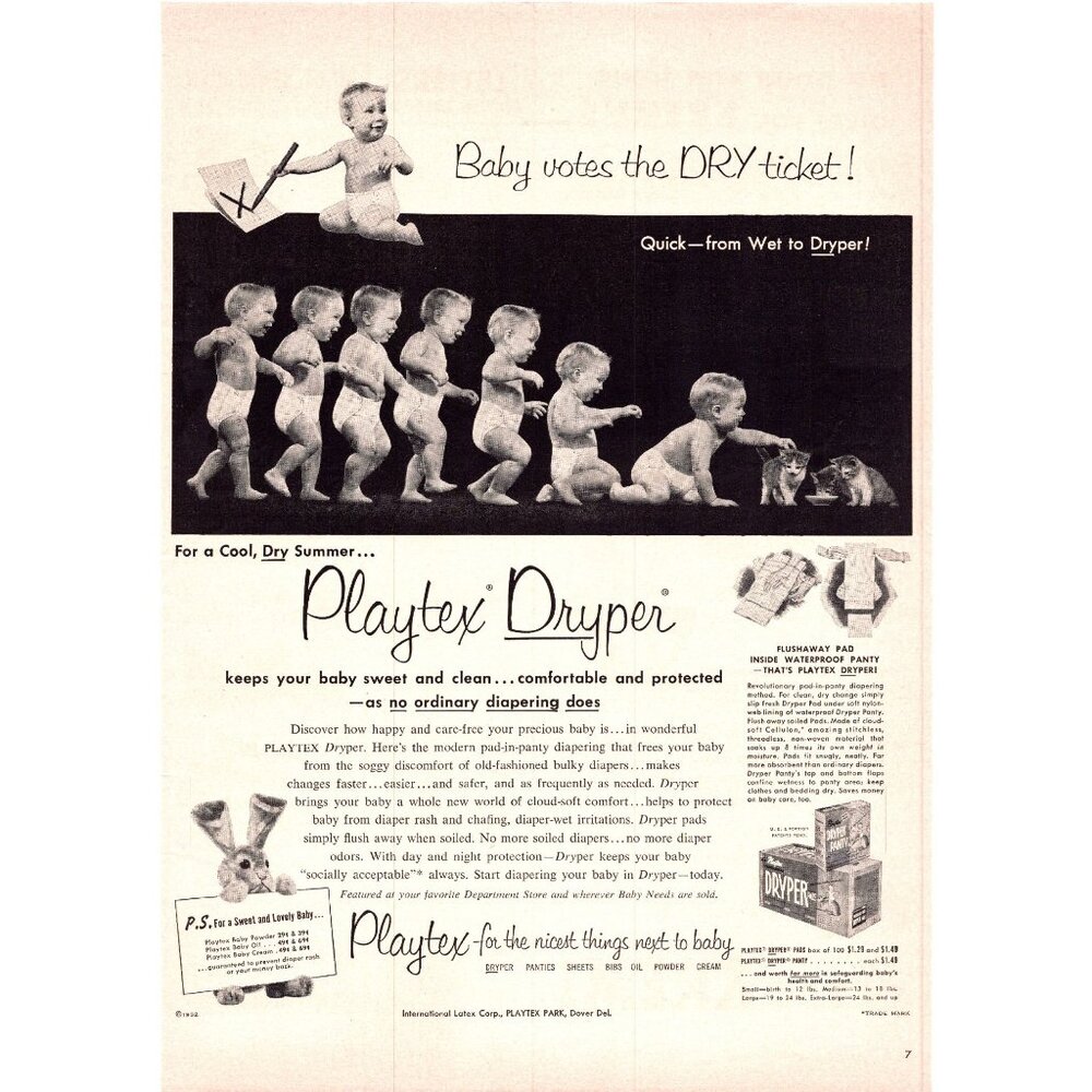 1952 Playtex Drypers Disposable Diapers Vintage Print Ad Baby Kittens Wall Art